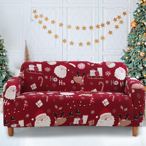 JSSEVN - Christmas sofa cover in soft polyester with Christmas tree print and elasticated bottom (2-seater, red) (1/5)