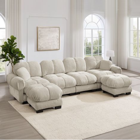 Divano ad angolo a U 330x149x90 cm, modulare, con pouf mobili, tessuto Chenille, cachi chiaro (1/5)