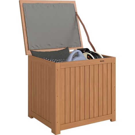 Outsunny arcón exterior de madera, 130L, baúl almacenaje exterior con forro, tapa con bisagras y correa, impermeable, 63x51x58,5 cm, marrón