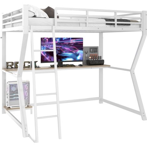 Lit mezzanine 90200cm avec éclairage LED, tablette pour console d’ordinateur, bureau, prise + USB, garde-corps, escalier, sans matelas, blanc (1/5)