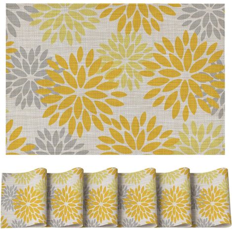 Lot de 6 sets de table PVC, motifs dahlias jaunes, 30x45cm, résistants aux taches et à la chaleur. (1/5)