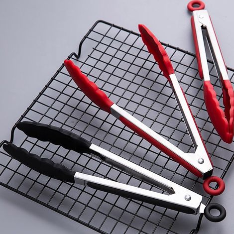 Ensemble de 6 ustensiles de cuisine : pinces de service, brochettes à salade, en acier inoxydable rouge et noir, compatibles lave-vaisselle. (1/5)