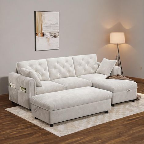 Canapé réversible en tissu beige avec pouf de rangement 219 x (1/5)