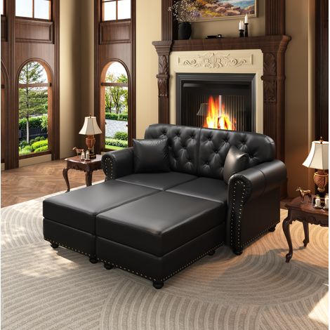 Canapé Chesterfield 2 places 160 cm avec 2 poufs et 2 coussins, simili cuir noir OKMYHOME (1/5)