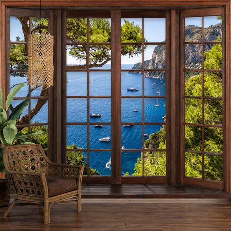 Papier peint panoramique Trompe l'oeil Fenêtre en bois - Vue Mer - 130 cm x 104 cm (1/5)