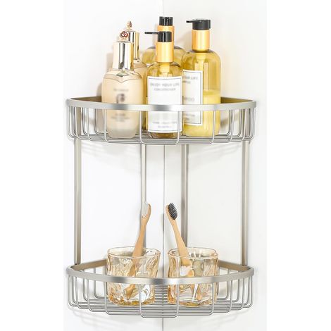 Étagère de Douche à 2 Niveaux pour Salle de Bain, Rangement Douche Étagère D'angle en SUS304 Acier Inoxydable pour Bouteilles de Shampoing Gel, Finition Brossée