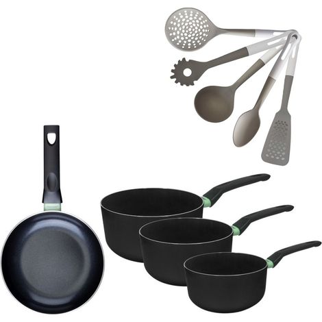 Lot Poêle 24cm et 3 Casseroles 16/18/20 cm sans PFAS Fackelmann Brandao avec 5 ustensiles Vario (1/5)