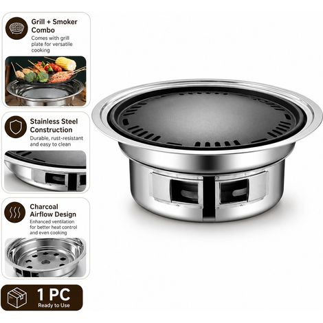 Barbecue Coreen Inox Sans Fumee Rond 35 x 24 cm - Four a Charbon pour 3 a 5 Personnes (1/5)