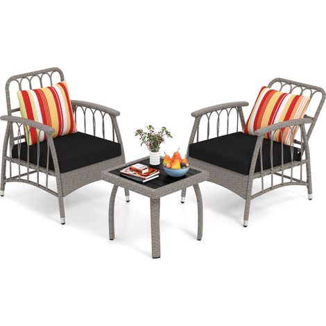 Ensemble de 3 Meubles de Jardin en Osier Synthétique avec Dossier Réglable sur 5 Niveaux, avec Coussins et Table Basse, pour Véranda, Balcon (1/5)