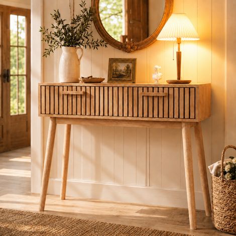 Table console d’entrée 100x35x80 cm, meuble d’entrée avec 2 tiroirs à glissières, façade à lamelles et pieds en bois massif, style scandinave pour hall, couloir et salon