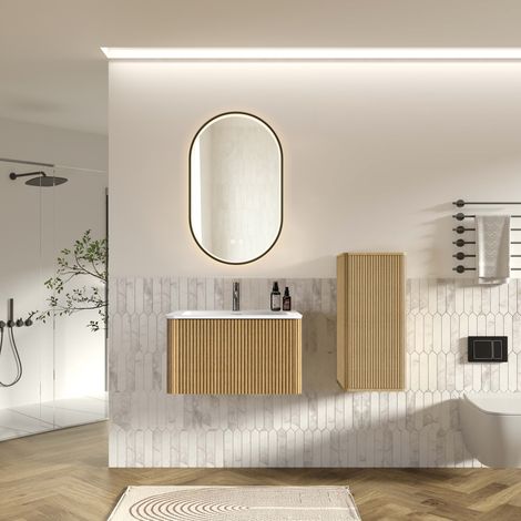 Set mobili bagno con specchio LED, lavabo e pensile laterale, 81 cm, rovere OKMYHOME (1/5)