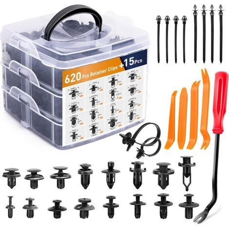 Assortiment de 635 clips de retenue et fixations automatiques pour voiture - 16 tailles les plus populaires - Rivets en nylon pour pare-chocs avec 10 attaches de câble et dissolvant de