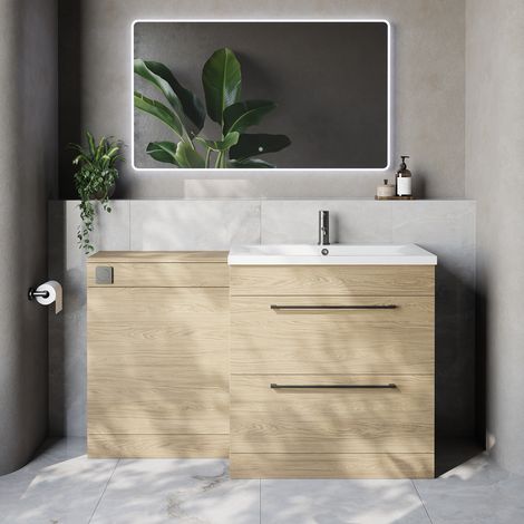 Napoli 460 Cento Light Oak 1400mm 2 Drawer Vanity Unit Toilet Suite with Glide Basin - 1400mm - Gunmetal Grey 480mm HandleWithout Kingston Toilet Pan