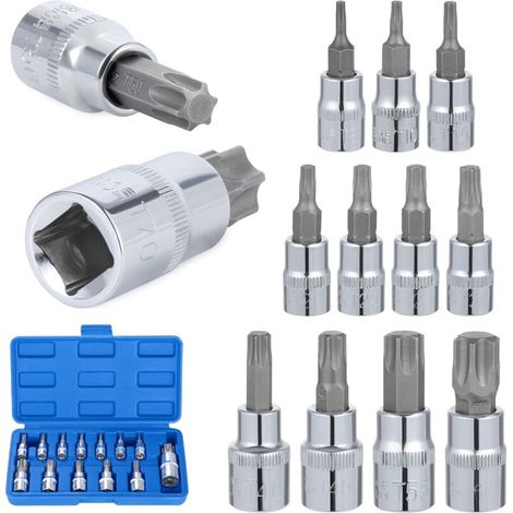 13 Pcs Coffret clés à douille Torx,T8 - T70 Jeu de Douilles à Embouts,Douilles Torx Femelle,Torx Bit Socket Set,Acier au Chrome Vanadium 1/4", 3/8" et 1/2" Drive