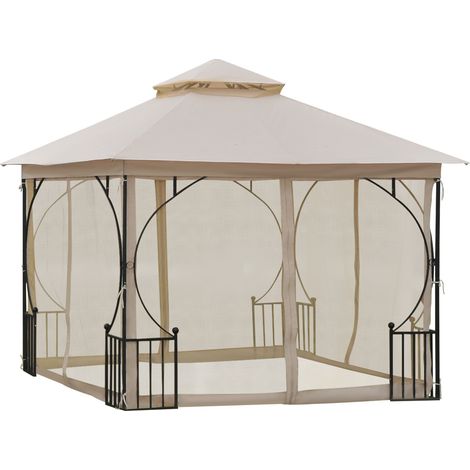 Gazebo de jardin 295 x 295 x 275 cm avec double toit en polyester beige et noir, moustiquaire intégrée (1/5)