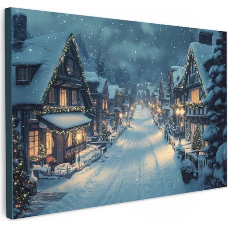 CUADRO EN LIENZO Pueblo navideño - Navidad - Nieve - Invierno Adornos Pared 60x40 cm