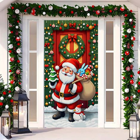 Nouvelle décoration de porte de Noël, motif Père Noël pour jardin/cour extérieure - 90 x 180 cm (perforée + ruban) - 22