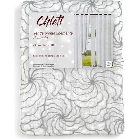 Tenda Chieti Ricamata con Anelli - 140x280 cm Tessuto Grigio - Elegante Motivo Floreale, Pronta all'Uso (1/5)