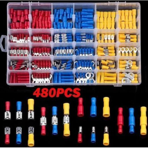 Kit de 480 connecteurs de fils isolés, cosses à sertir assorties, déconnexion rapide, cosses à anneau, cosses à fourche et cosses arrière (1/4)