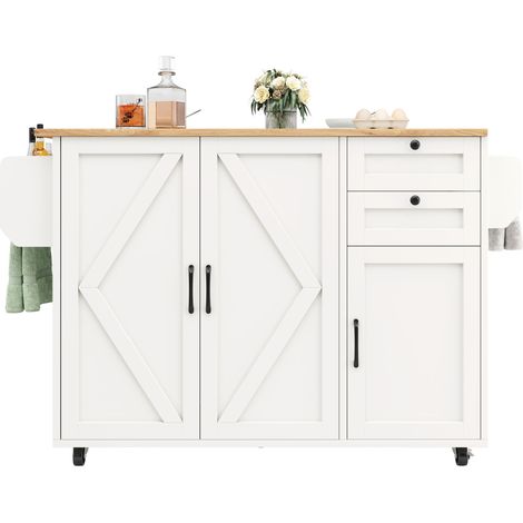 Îlot de cuisine moderne,meuble et buffet effet bois,desserte avec table multifonction et espace de rangement,étagères à snacks,blanc