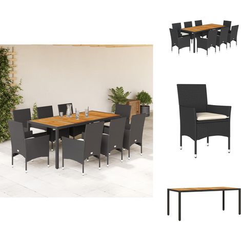 Ensemble à manger de jardin et coussins 9 pcs noir rotin acacia - Meubles De Jardin - Salon De Jardin - Set De Jardin - Mobilier Extérieur - Table De Jardin (1/5)