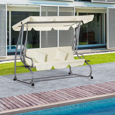 Dondolo Letto da Giardino 3 Posti con Tetto Regolabile e 2 Portabicchieri, 200x120x164 cm, Crema