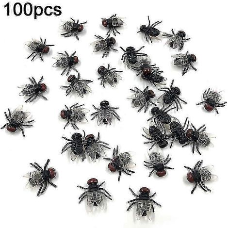 100 mouches en plastique réalistes, insectes simulés, jouet de farce pour Halloween (noir) (1/5)