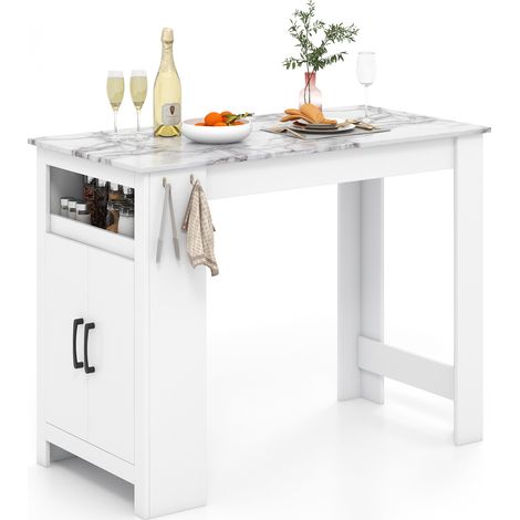 COSTWAY Bar Table Faux Marble Pub Table with 7 Hanging Hooks-White
