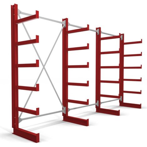 Rayonnage à bras en porte-à-faux STIER, simple, 3 travées avec 5 niveaux 3900x2000x500 mm, rouge feu