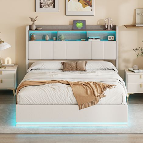 Lit rembourré 140 x 200 cm, lit double avec rangement, tête de lit LED avec compartiments de rangement et chargement USB, lit coffre hydraulique, blanc (1/5)