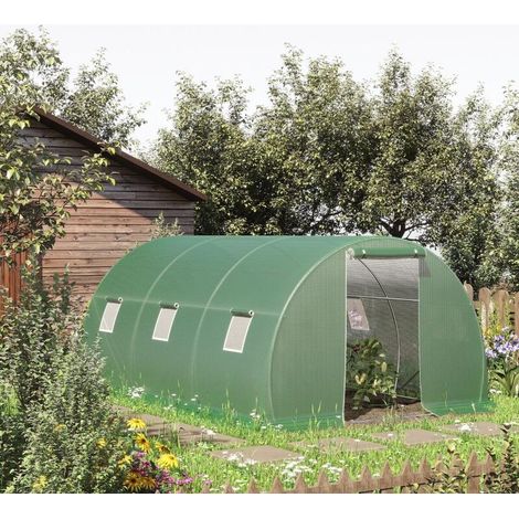 Serre tunnel d'extérieur 4,5 x 3 x 2 m avec bâche en PE, porte zippée et 6 fenêtres, verte (1/4)