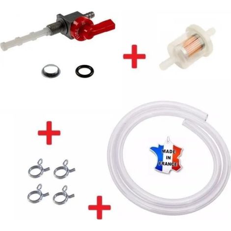 Kit essence universel : robinet M10 x 100 rouge + durite + filtre + collier