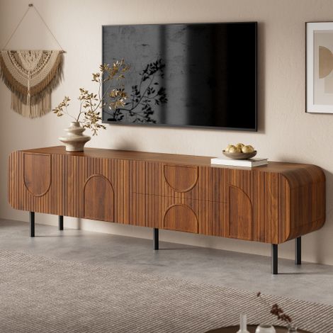 Mueble para TV 180x40x47,5 cm, con 3 puertas, 2 cajones, pasacables y patas de metal, en MDF, marrón oscuro (1/5)