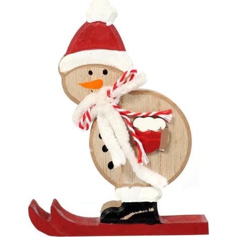 Statuetta in legno di pupazzo di neve sciatore con sciarpa, 13 cm - Decorazione natalizia (1/3)