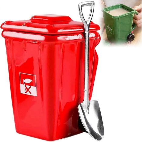 Mug Poubelle en céramique 414 ml Mug à café humoristique avec cuillère-pelle Mug fantaisie rouge pour bureau (1/5)