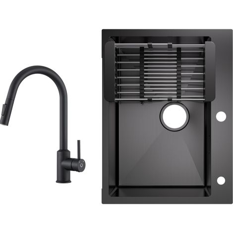 Fregadero de cocina fabricado en acero inoxidable lavabo sobre encimera 60x45cm negro antracita + grifo de cocina extensible negro con 2 tipos de chorro altura 404MM (1/5)