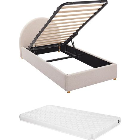 Letto con contenitore 90 x 190 cm Tessuto bouclette Panna + Materasso - LIRIMO (1/5)
