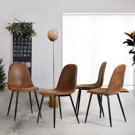 URBAN MEUBLE Lot de 4 chaises de salle à manger vintage de style scandinave marron – revêtement effet suédine – pieds en métal noir