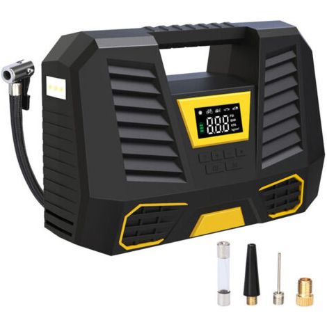Compresseurs d'air portatifs Gonfleur de pneu de compresseur d'air, gonfleur de pneu de voiture portatif de pompe à pneu numérique avec 3 adaptateurs de buse 12V, lumière LED (1/5)