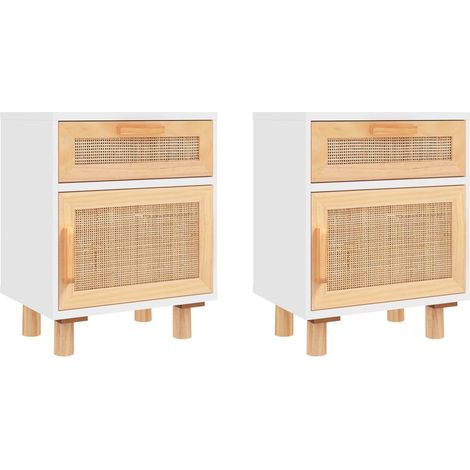 Set di 2 comodini con cassetto e vano con anta in legno di pino bianco e rattan naturale DEC035781