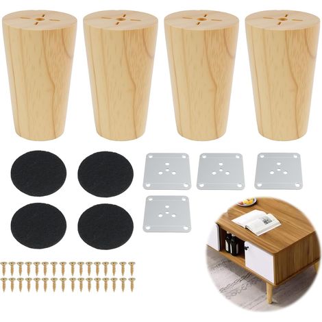 4 Pièces 8cm Pieds de Meuble en Bois Solide, Pieds Coniques de Remplacement pour Canapé, Chaise, avec Plaques de Montage et Vis, pour DIY Meuble, Fauteuil,Canapé, Lit Chaise, Placards,Table De Nuit (1/5)