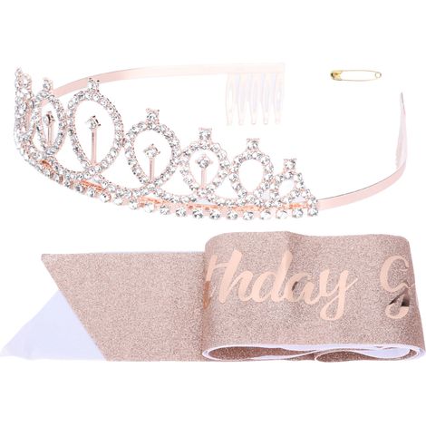 Kit de décoration pour fête d'anniversaire : diadème, écharpe et couronne en strass or rose doré pailleté. (1/5)