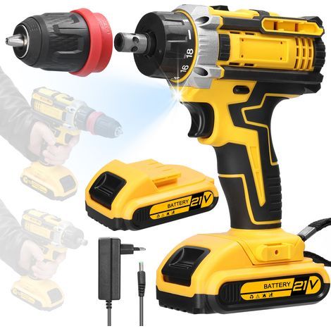 21V Cordless Drill Driver, Cordless Screwdriver with 2 x 1300mAh Batteries, Impact Drill, 21+1 Torque Settings, 2 Speeds, LED, for DIY (1/5)