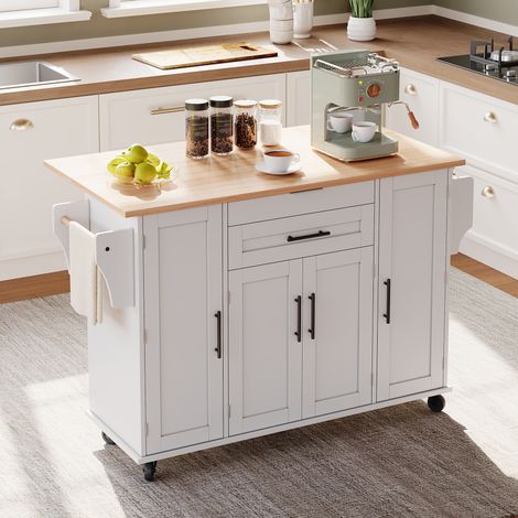 Modernluxe – Ilot central de cuisine mobile 136x70x92cm – Plateau extensible 25cm – 2 tiroirs et 4 portes – MDF blanc avec étagère à épices