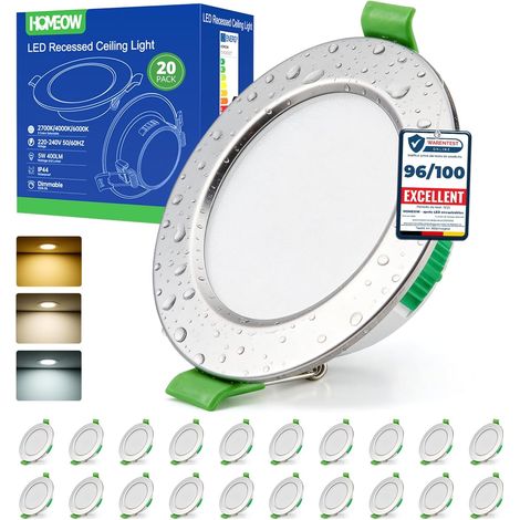 Lot de 20 Spot LED Encastrable Dimmable 5W, Spot LED Encastrable 68mm - 80mm Découpe, Blanc Chaud 2700K Blanc Neutre 4000K Blanc Froid 6000K Réglable Spot Salle de Bain IP44 pour Salon Cuisine