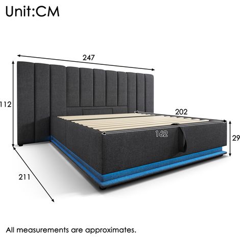 Lit double 160×200 cm, sommier tapissier avec LED commandée par App et charge USB-C, structure de lit en lin gris, sans matelas ni table de chevet