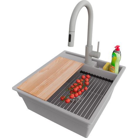 PRIMAGRAN Evier Cuisine en Granit 48x53cm,Lavabo 1 bac + Robinet 40x20cm + Kit de Vidage + Accessoires, Évier à Encastrer au meuble 50cm - Oslo Pocket, Gris (1/5)