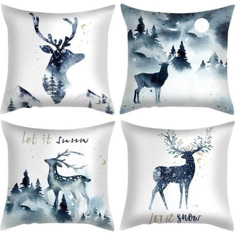 Taie d'oreiller - Noël - Cerf - 45x45cm - 4 pièces - Bleu bleu bleu HOUSSE DE COUSSIN (1/4)