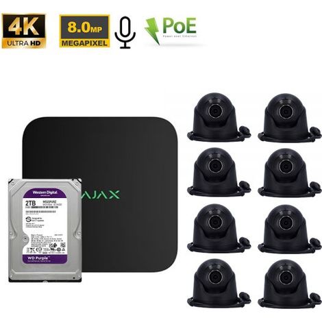 Ajax Kit videosorveglianza NVR 8 Canali + Telecamere TurretCam 8Mp Nero + HDD 2Tb - 70938 NR.08 Telecamere