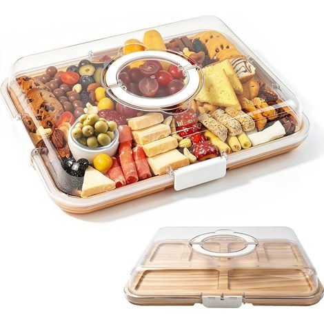 Plateau à Fromages en Bois, Planche à Charcuterie avec Couvercle, Planche Assiette avec 6 Compartiments pour Aperitif, Charcuterie ou Petit-Déjeuner, Plateaus à Fromage Bambou pour Pique-Nique (1/5)
